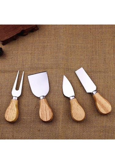 4 Adet Paslanmaz Çelik Peynir Bıçağı Bambu Saplı Dilimleyici Gümüş