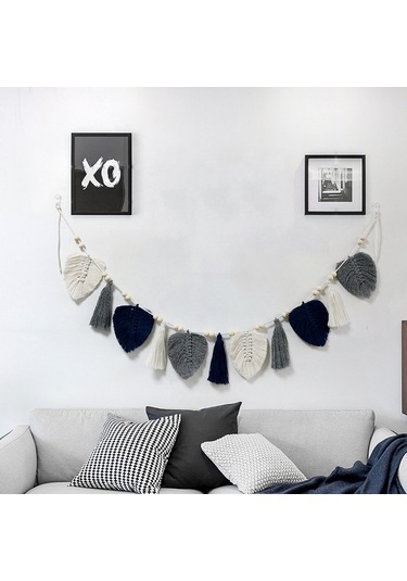 Yifomall Mavi El Dokuma Pamuk Ipli Yaprak Desenli Duvar Dekoru - 15x150cm, Ev Odası/butik Zenginleştirici, Kolay Bakım