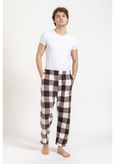 Erkek Polar Kışlık Eşofman Alt Desenli Tampap Polar Alt- 1060 Krem