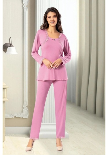 Faal 8608 Kadın Uzun Kollu Dantel Detaylı Pijama Takımı-gülkurusu GÜL KURUSU