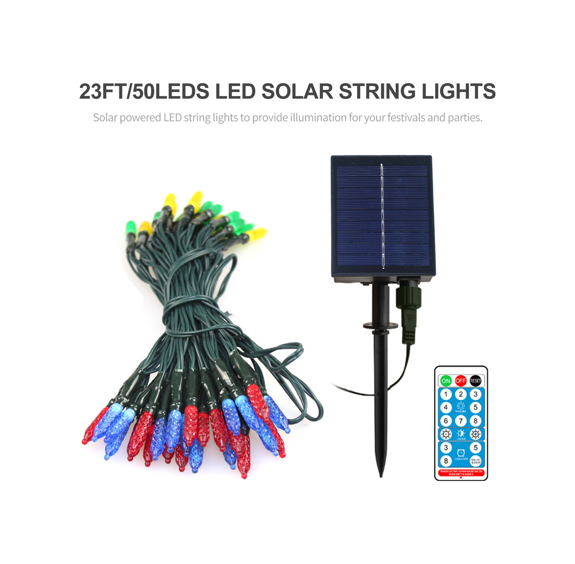 Xindoker 7m Uzunlukta 50 Led Renkli Güneş Enerjili Işık Zinciri, Uzaktan Kumandalı, 8 Mod, Ip65 Su Geçirmez, 1200mah Li-ion Pil, Dış Mekan Dekorasyonu Çok Renkli