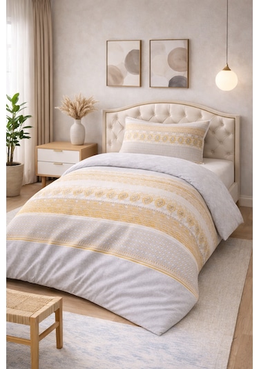 Soft Dream Desenli Pamuklu Tek Kişilik Nevresim Takımı Sarı