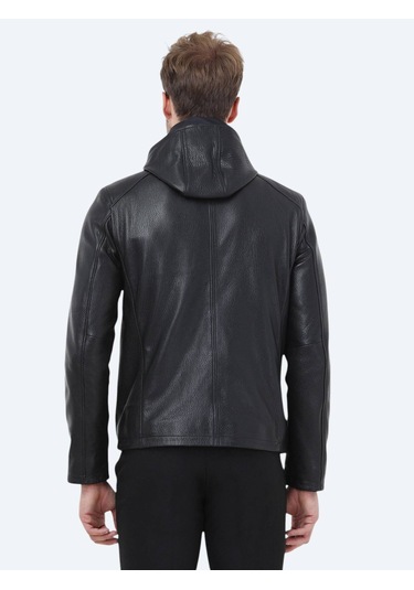 Kip Siyah Regular Fit Kapüşonlu Smart Casual Koyun Derisi Deri Mont