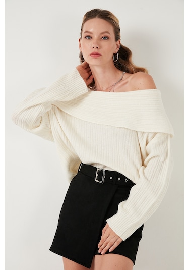 Lela Oversize Fit Madonna Yaka Triko Bayan Kazak 4615216 Ekru