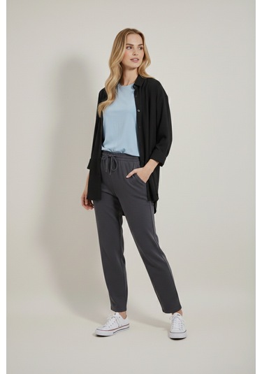 Yxc Trend Maker Oversize Uzun Basic Bayan Keten Gömlek Siyah