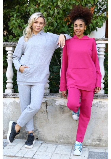 Akbeniz Kadın Pamuk Kapşonlu Cepli 3 İplik Gri Eşofman Takım 9037-gri Gri