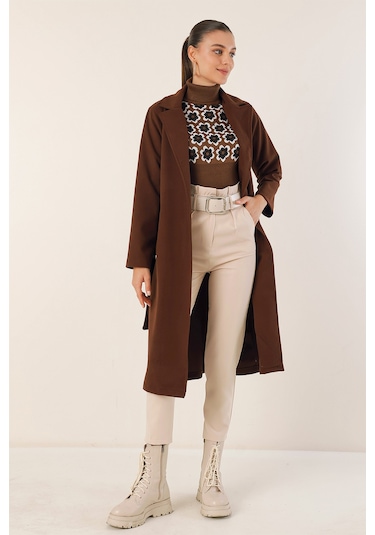 9118 Kruvaze Yaka Kaşe Kaban - Kahverengi Kahverengi