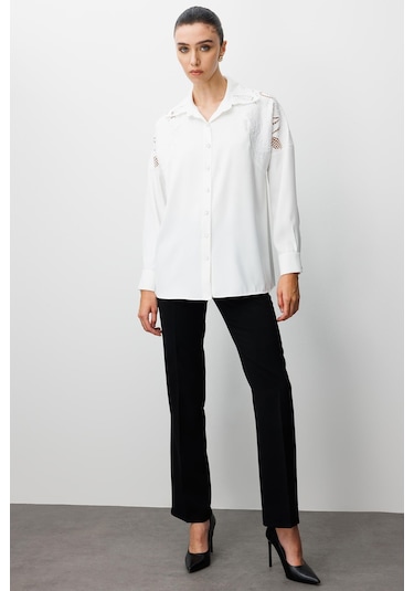 Moda İlgi Kadın Nakış Detaylı Oversize Gömlek 0095 Ekru Ekru
