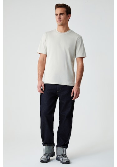 Grimelange Solo Erkek %100 Organik Pamuklu Kalın Dokulu Comfort Fit Bisiklet Yakalı Açık Bej T-shirt Açık Bej