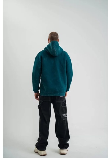 Unisex Uzun Kol Kapşonlu Yıkamalı Nakışlı Sweatshirt - Koyu Deniz Yeşili Anrasit