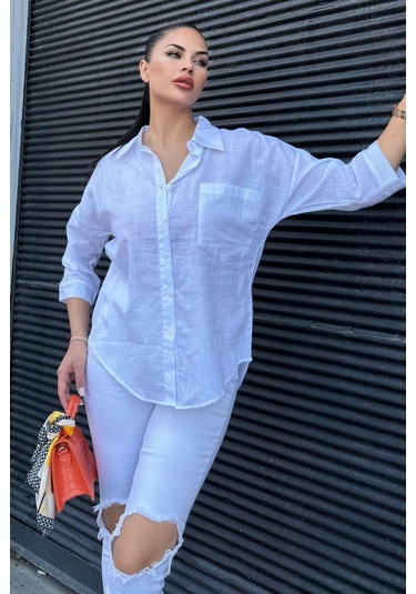 Kadın Beyaz Truvakar Kol, Oval Kesim, Terletmez, Flamlı Keten Salaş Gömlek Beyaz