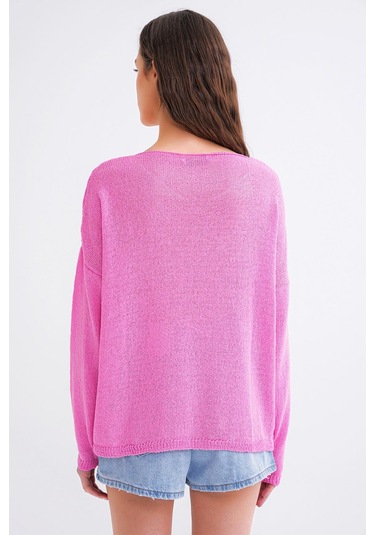 6933 Kadın Kayık Yaka İnce Mevsimlik Triko Kazak Pembe Pembe