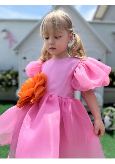 Rose- Pembe Şifon Kısa Kollu Kız Çocuk Elbisesi Pembe