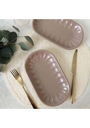 Keramika Mat Toprak Taupe Badem Kayık Tabak 25 Cm 2 Adet 977
