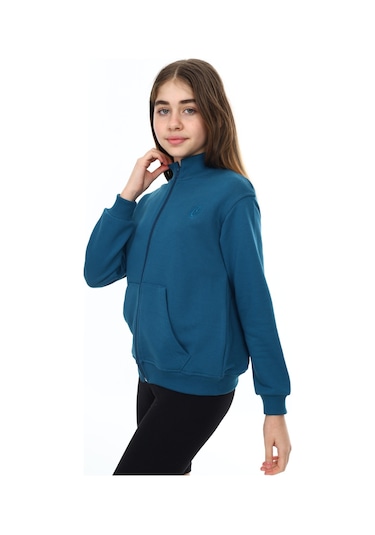 Toontoy Kız Çocuk Mavi Dik Yaka Fermuarlı Cepli Düşük Omuz Nakış Baskılı Örme Hırka - 2 İplik Şardonlu Petrol Mavi