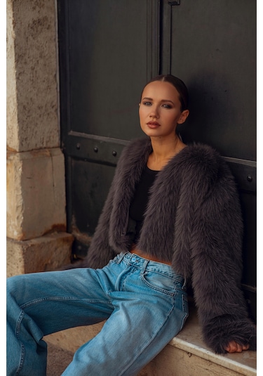 Madmext Antrasit Bisiklet Yaka Kadın Suni Kürk Mont Mg2176 Antrasit