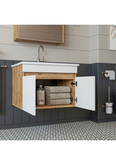 Roomart '' Lavabolu '' Atlantik-beyaz Mat Mdf 65 Cm Banyo Dolabı Atlantik Çam - Beyaz