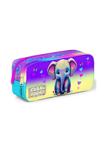 Coral High Kids Pembe Turkuaz Fil Desenli İki Bölmeli Kalem Çantası 12083