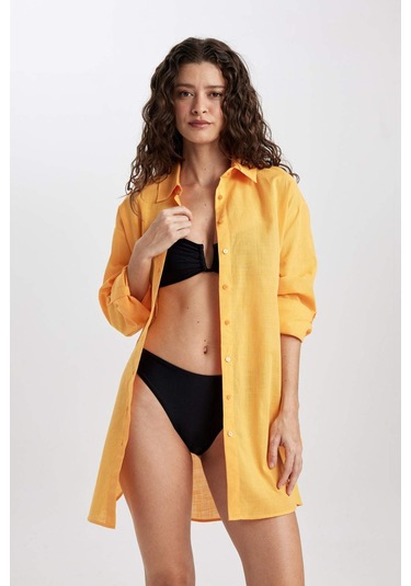 DeFacto Regular Fit Pamuklu Plaj Gömleği-Fall in Love W8241AZ24SMYL301 Sarı