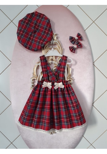 Eylülcebutik Eylülce Ekoseli Kız Bebek Salopet Takım