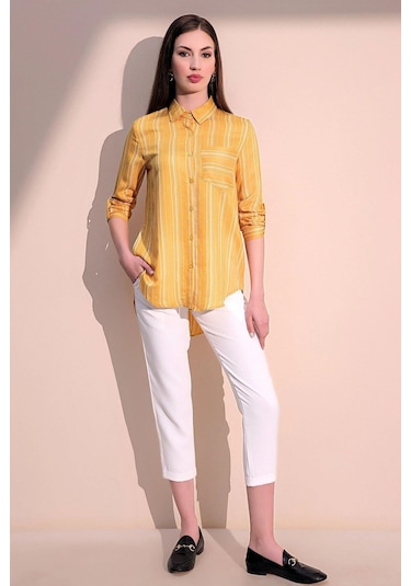 Kadın Sarı Uzun Kol Özel Kumaş Tek Cep Gömlek Dik Çizgili Arkası Uzun Basic Kesim Gömlek Sarı