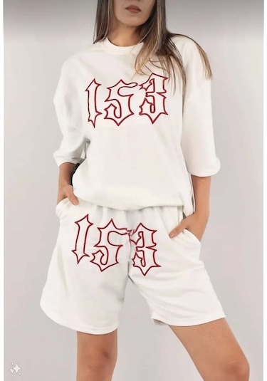 Tarzyeri Kadın Unisex Nakış İşlemeli Şort Takım - Beyaz Beyaz