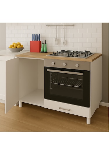 100lük Ankastre Fırın Ve Ocak Dolabı, Set Üstü Ocak Dolabı, Çok Amaçlı Dolap, Mutfak Dolabı Meşe - Beyaz