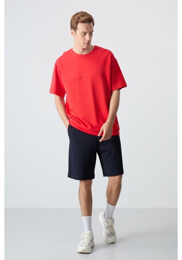 Fiesta Lacivert Pamuklu Kalın Yumuşak Dokulu Oversize Fit Basic Erkek Şort Takım - 85257 Kırmızı