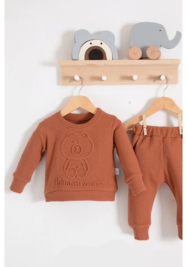 Bear Gofre Kabartmalı 2'li Erkek Bebek Takımı Kahve Kahverengi