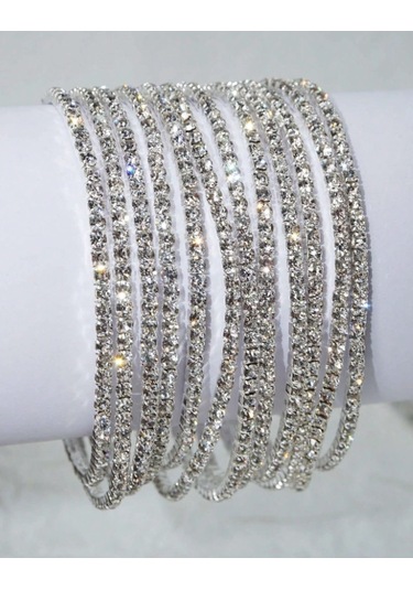 India Parlak Taşlı 3 Adet Minimal 925 Gümüş Kaplama Esnek Bileklik Çok Renkli