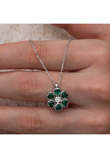 Gümüş Yeşil Kalpli Çiçek Kadın Kolye Sl10616 Gümüş