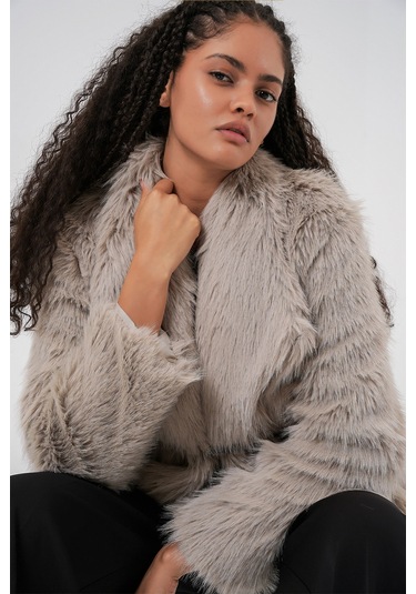 Kadın Kemerli Oversize Kürklü Kaban 9156 - Taş Taş