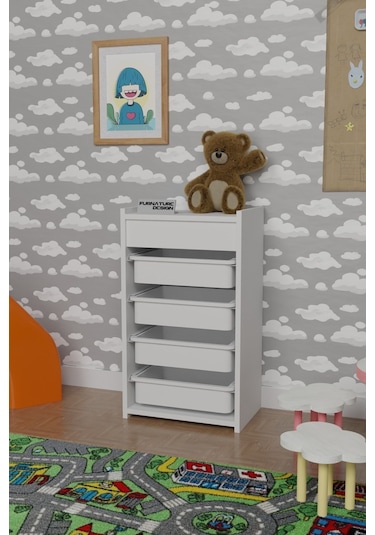 4 Sepetli Oyuncak Dolabı Çok Amaçlı Dolap Beyaz - Beyaz