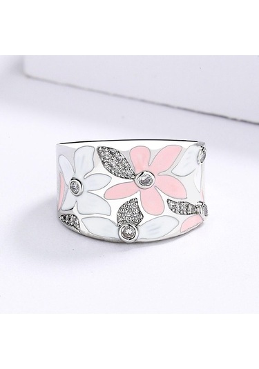 Beyaz Zarif Pembe Çiçek Yüzük Kadın Moda El Yapımı Emaye Kadın Takı Düğün Gelin Yüzüğü Parti Takı 6 Beyaz