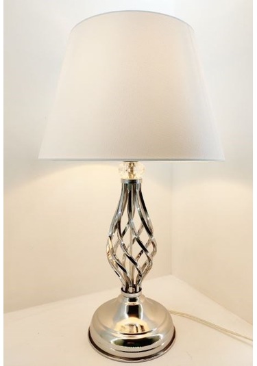 Gümüş Gri Rustik Burgulu Taşlı Metal Ayak Beyaz Şapkalı Abajur Gümüş