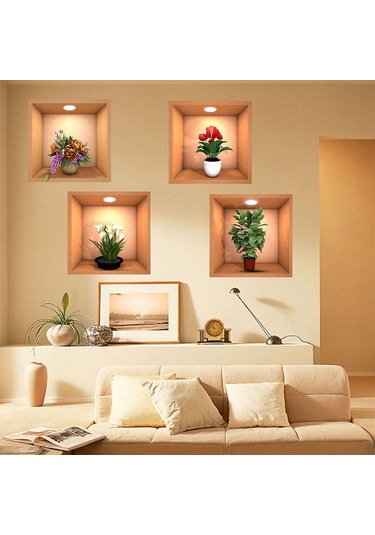 Tenfowee 3d Yeşil Bitki Desenli Duvar Sticker, Su Geçirmez, Kolay Uygulanır, 4 Adet, 30x30cm, Çeşitli Yüzeylere Uygulanabilir, Dekoratif Duvar Sticker Paketi Çok Renkli