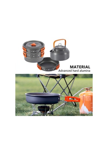 Tcherchi 3 Parça Set Kamp Tencere Seti Açık Pişirme Seti Su Isıtıcısı Tava Pot Sofra Ekipmanları Siyah - Turuncu Siyah