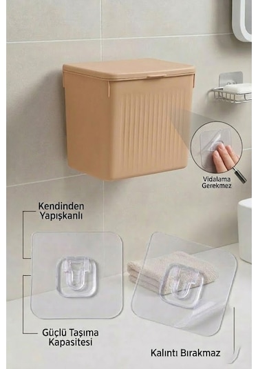 Askılı Ve Yapışkanlı Mutfak Ve Banyo İçin Pratik Çöp Kovası 8lt Açık Kahve
