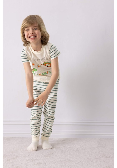 DeFacto Erkek Bebek Pijama Takımı Baskılı Kısa Kollu Penye Üst Çizgili Uzun Alt E0757A525SMGN382 Yeşil