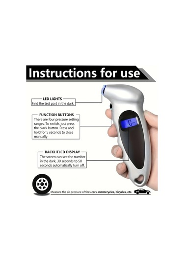 Chuangyinshop Siyah Digital Lastik Basınç Ölçer 4 Ayar Led Nozul Kaymaz Tutamak Aydınlatmalı Lcd Ekran 150 Psı Araç Bisiklet Motor