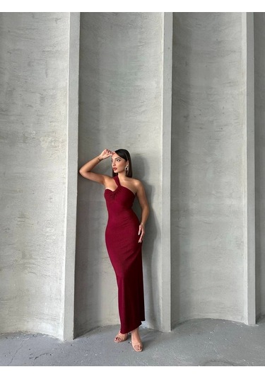 Krinkıl Tek Omuz Uzun Elbise Bordo S25455 Bordo