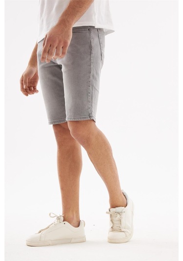 Erkek Yıpratmalı Slim Fit Likralı Kot Jean Şort Gri