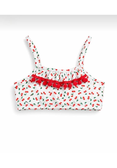 Nurbebe Kiraz Desenli Baskılı Kız Çocuk Bikini Takım Beyaz