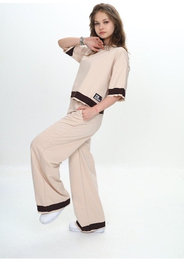 Kız Çocuk %100 Pamuk Kısa Kollu Garnili Truvakar Kol 2 İplik Alt&üst Eşofman Takımı-285-eşt-0011 Bej