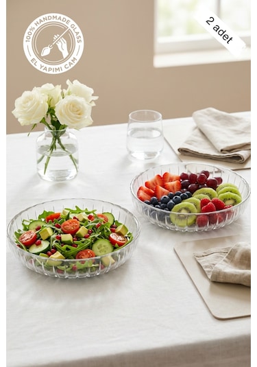 Selen Concept Sieana Model El Yapımı Cam Salata Ve Meyve Kasesi 2'li Set Şeffaf