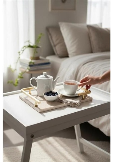 Akayev Traverten Mat Altın L Dizayn 30x20 Cm Tepsi Beyaz