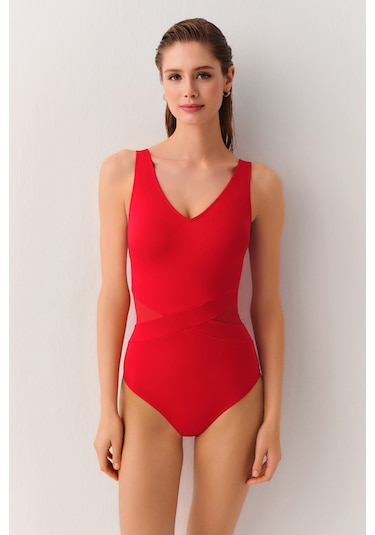 Suwen V Yaka Toparlayıcı Tüllü Mayo Sbn25370c082 Kırmızı