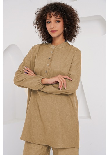 Bigdart 6678 Keten Tunik Pantolon İkili Takım - Bisküvi