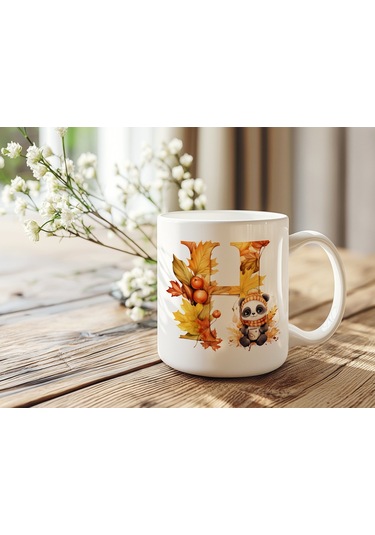 H Harf Sonbahar Yaprak Temalı Kupa Bardak - Sevimli Figürler İle Alfabe Harfli Bardak - Kişiye Özel Beyaz