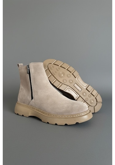 Muggo Chelsea Hakiki Deri Çift Fermuarlı Garantili Erkek Kışlık Bot Kum